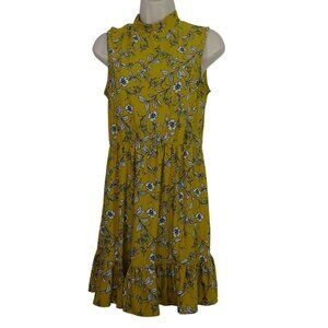 As U Wish Yellow Floral Sleeveless Mini Dress Women Size M High Neck Ruffle Hem